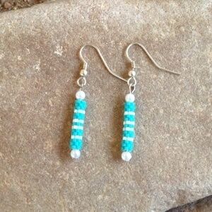Simple Turquoise and White Beaded Earrings, New, Handmade by Me